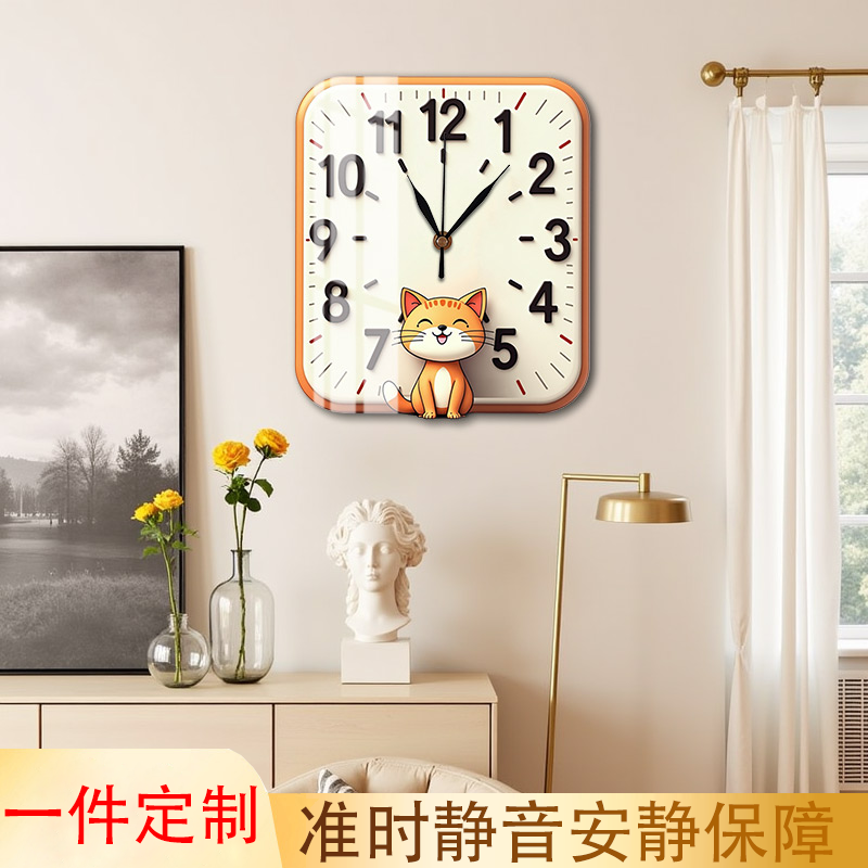 创意卡通奶油风猫咪装饰画挂钟客厅卧室背景墙挂饰时钟定制静音图片
