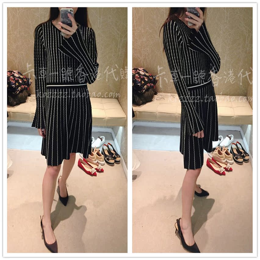 卡車一號香港代購 KAREN MILLEN 18春夏 黑白竖纹喇叭袖连衣裙