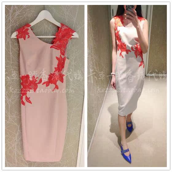 卡車一號香港代購 KAREN MILLEN 18春夏 撞色蕾丝无袖包臀连衣裙