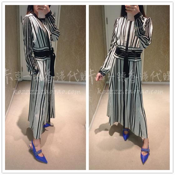 卡車一號香港代購 KAREN MILLEN 18春夏 竖条纹束腰长袖连衣裙