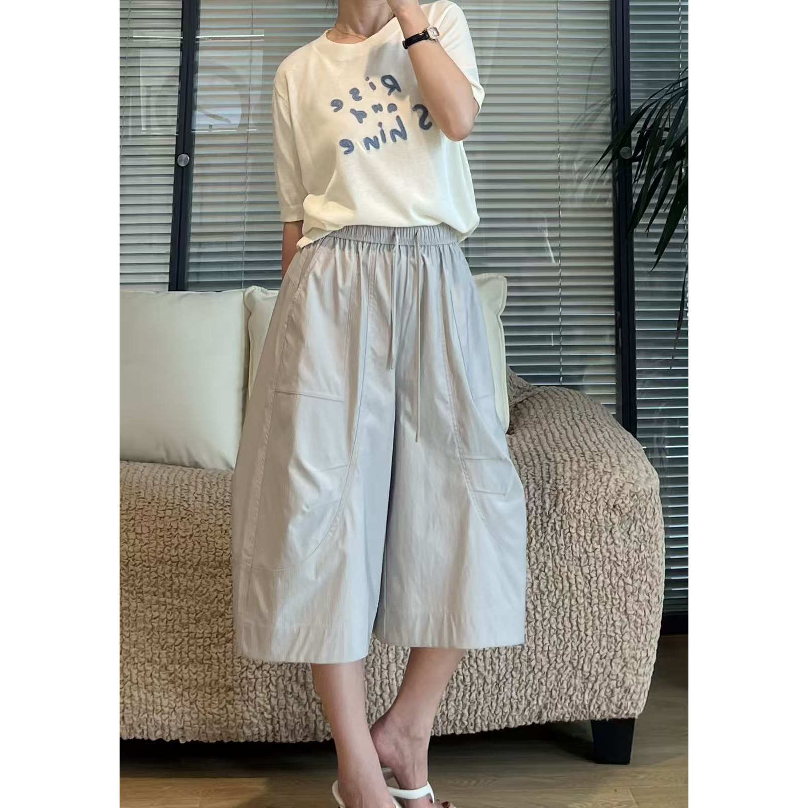 夏季高腰阔腿七分显瘦薄款女裤
