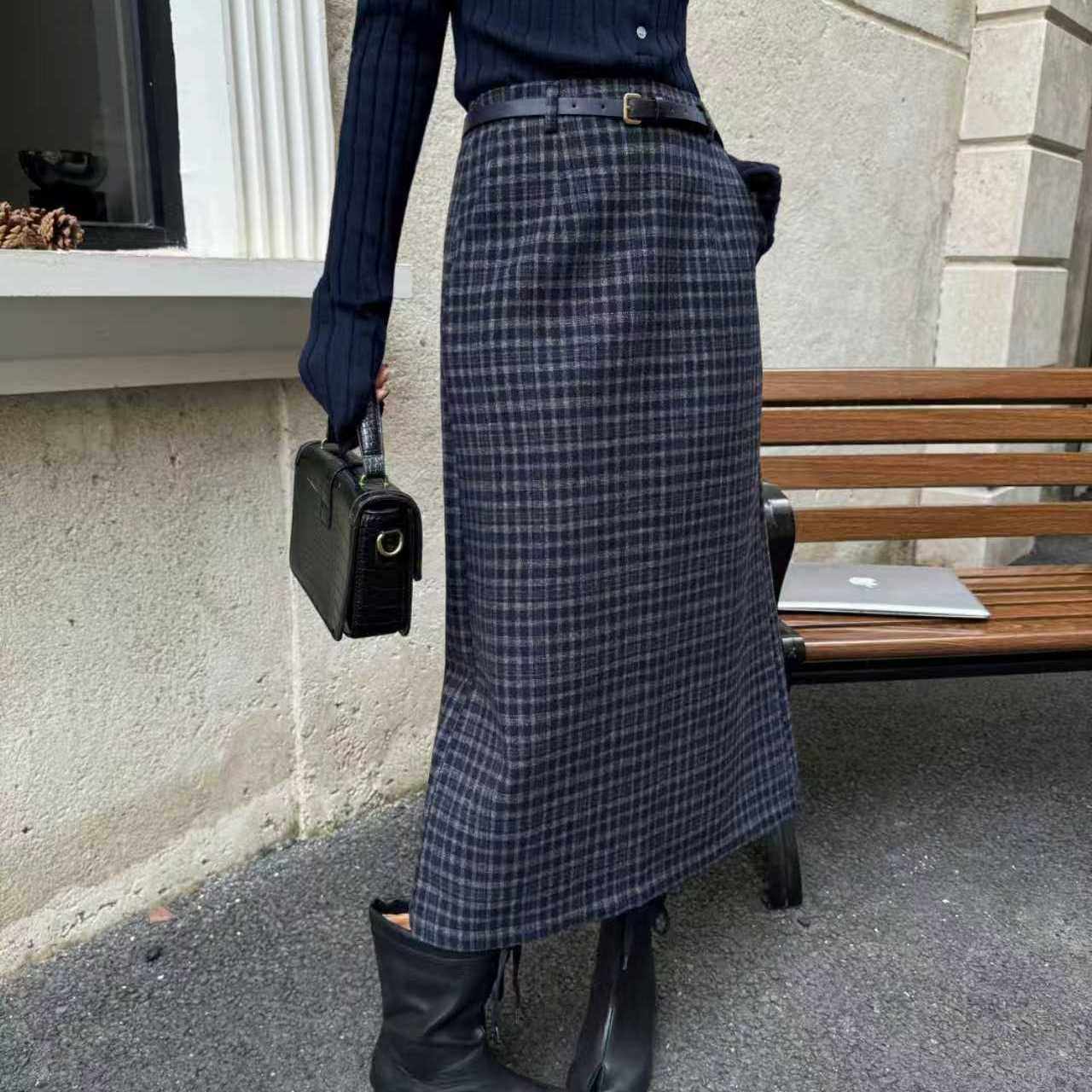 秋冬新款格子羊毛直筒裙女文艺风淑女半身裙腰裙时尚显瘦