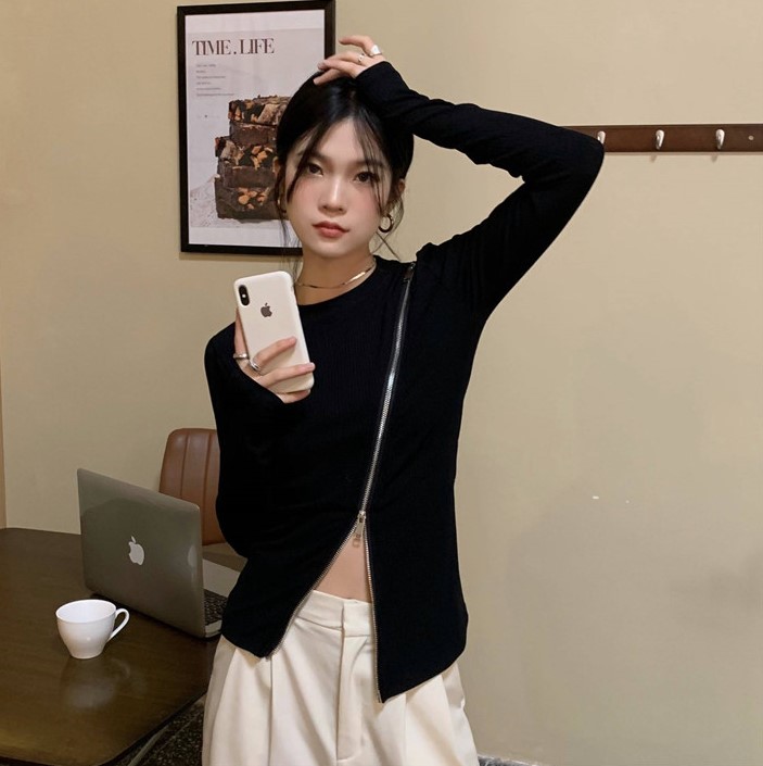 Real shot real price ~ versatile slim zipper Crew Neck Long Sleeve T-Shirt