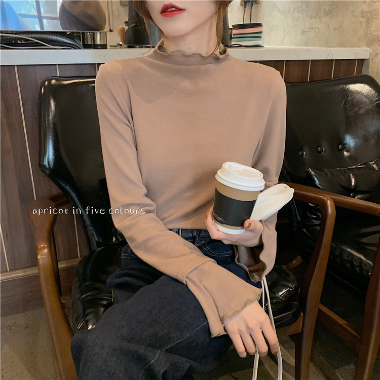 Real price ~ loose and versatile small high neck wave edge long sleeve T-shirt