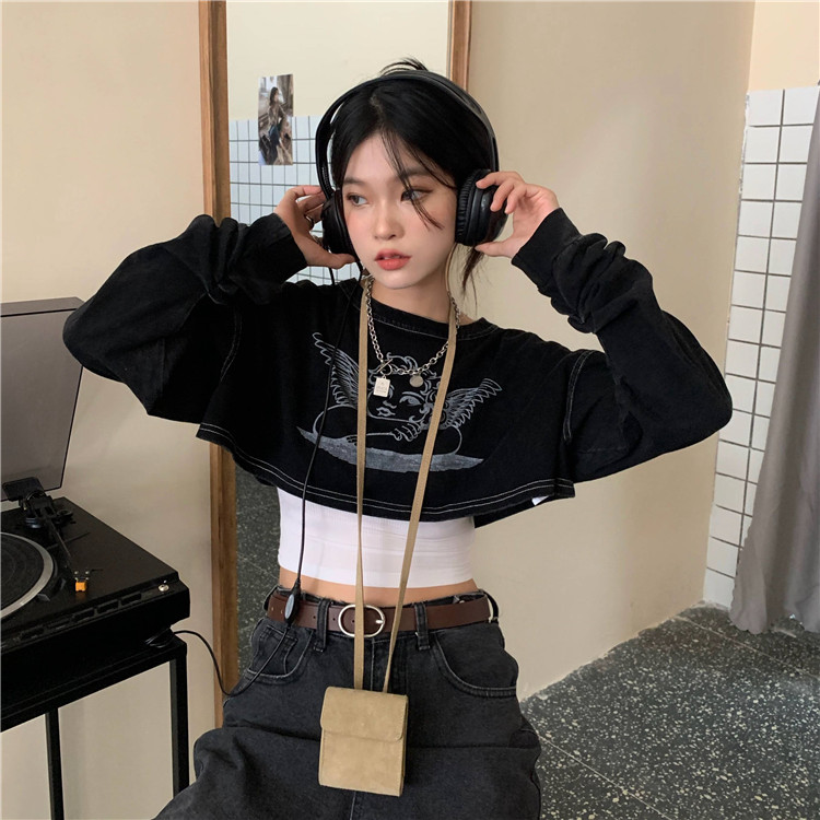 Real shot real price ~ loose and versatile slim printed short long sleeve T-shirt