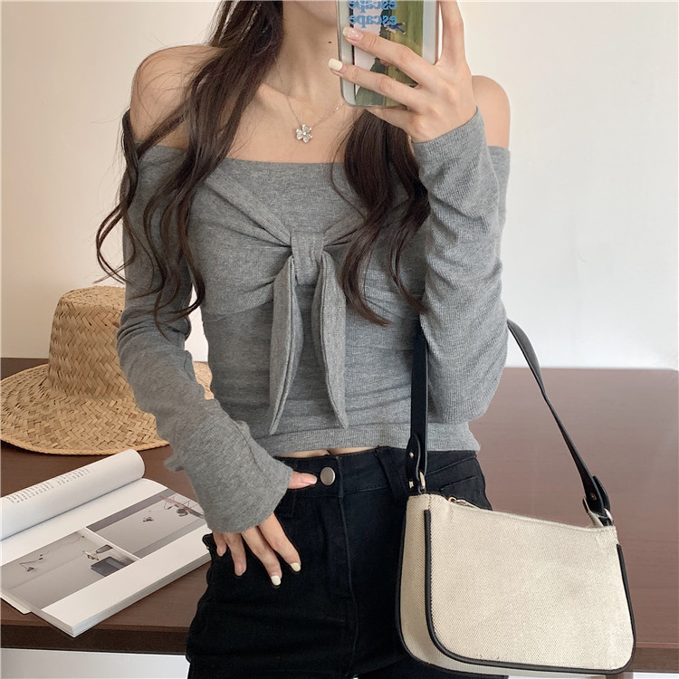 Real shot real price ~ versatile show thin off shoulder bow long sleeve T-shirt