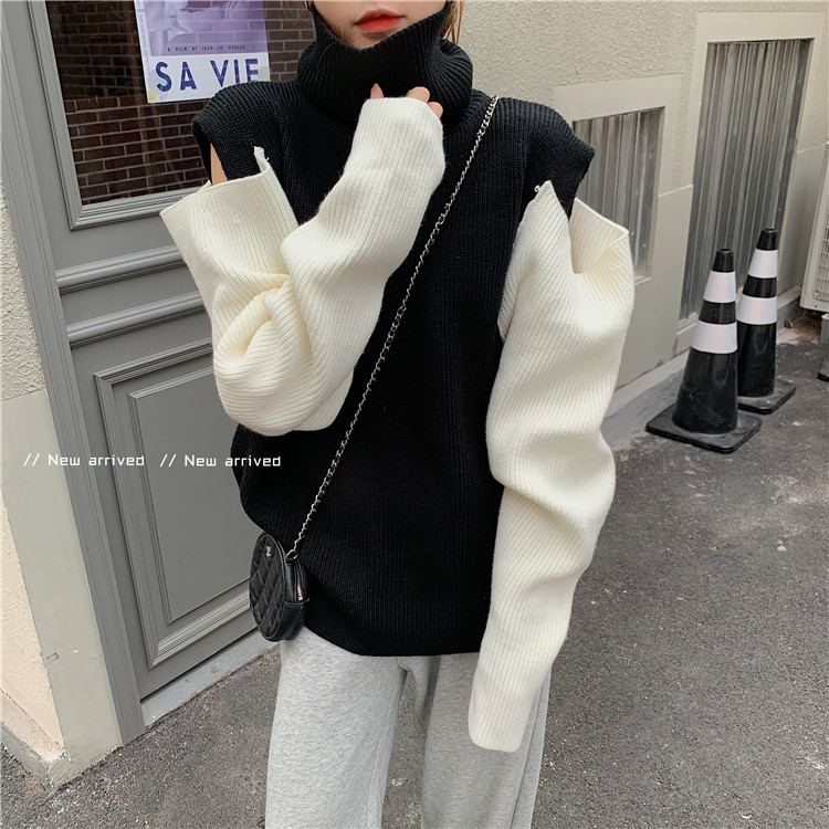 Real shot real price ~ loose and versatile open shoulder high collar stitching contrast sweater