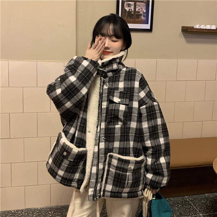 Real price ~ loose and versatile Plaid Wool warm standing collar cotton jacket