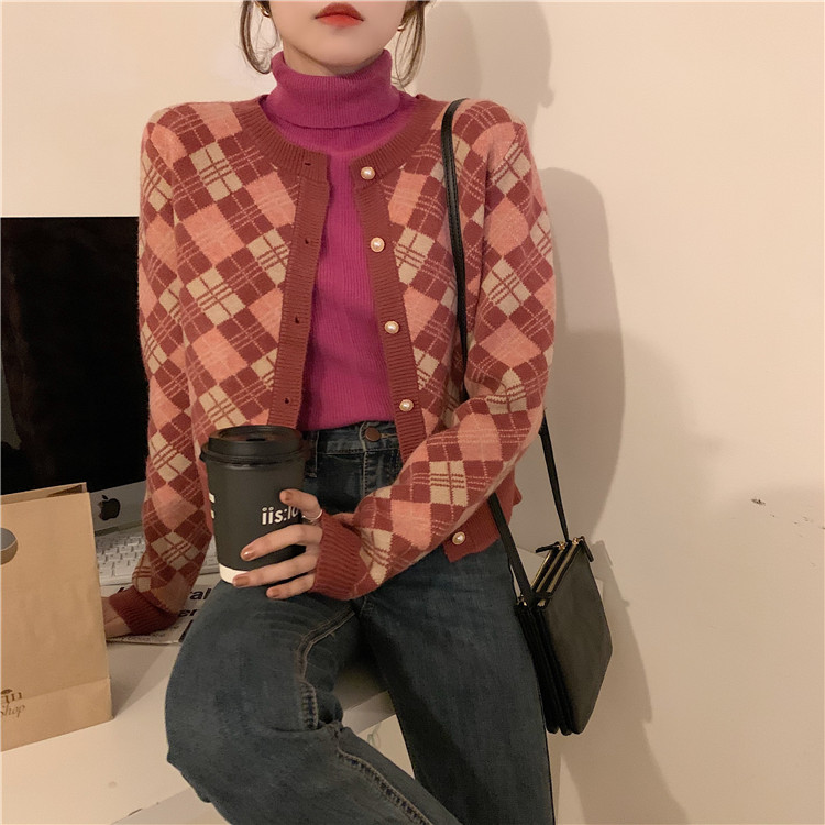 Real price ~ loose and versatile Crewneck Plaid cardigan sweater