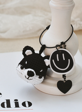 成品手工毛线钩织卡通黑色车钥匙扣哈士奇挂件狗公仔钥匙圈包挂饰
