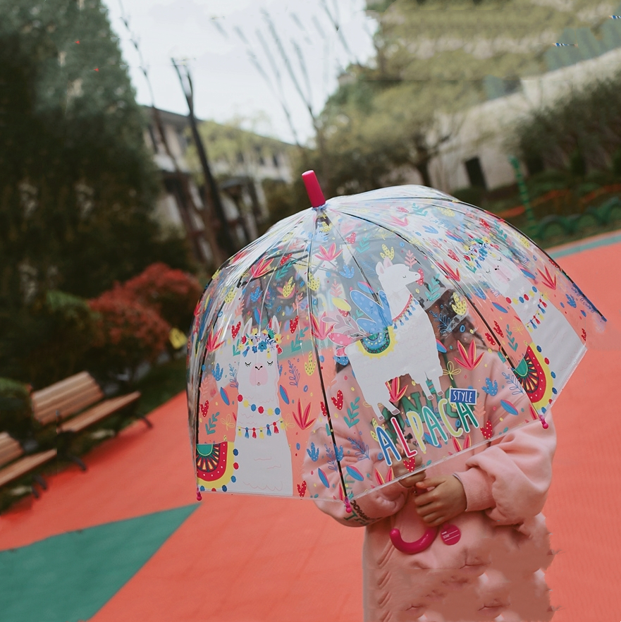 可爱炫彩羊驼拱形雨伞幼儿园小朋友半儿童自动透明塑料长柄伞轻便