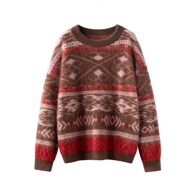 费尔岛提花山羊绒衫女拉绒圆领宽松加厚保暖毛衣复古针织衫,女装/女士精品,羊绒衫,淘宝优惠券,粉丝福利购,淘宝优惠卷