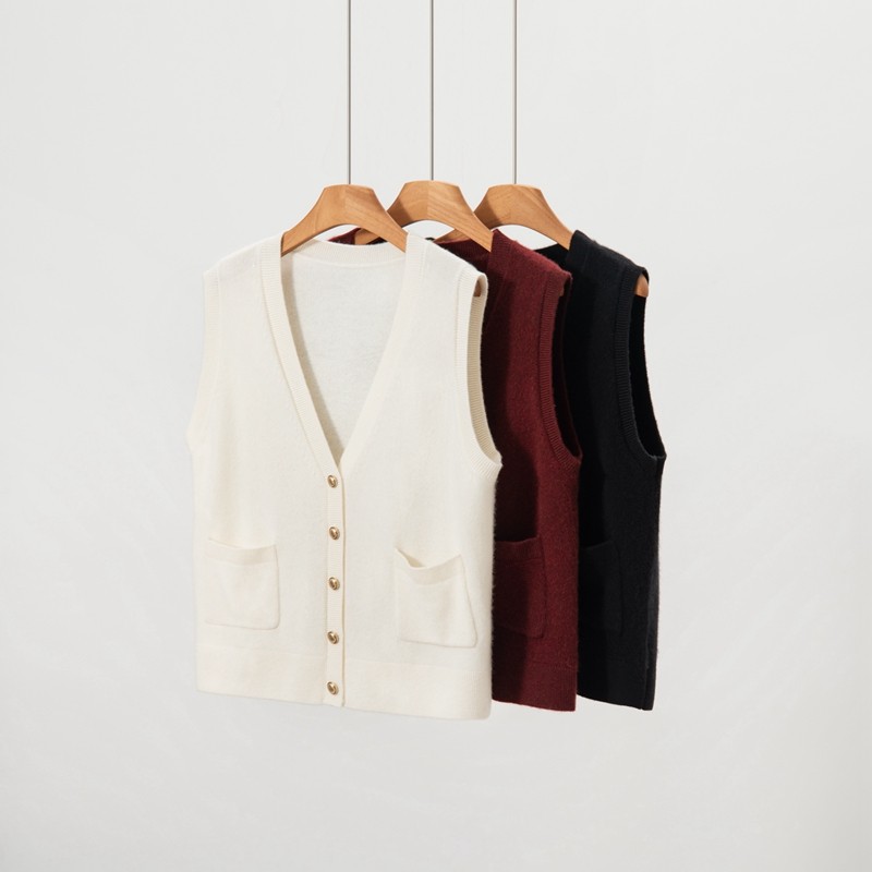 通勤风V领无袖山羊绒开衫女针织马甲纽扣口袋坎肩外搭,女装/女士精品,羊绒衫,淘宝优惠券,粉丝福利购,淘宝优惠卷