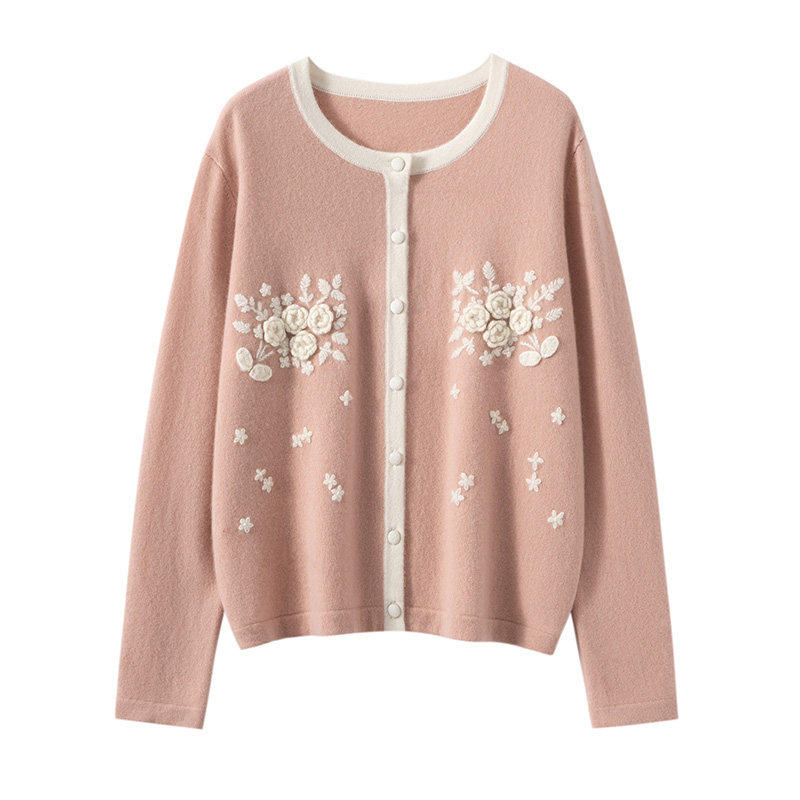小香风立体花朵刺绣圆领开衫女山羊绒针织衫显瘦上衣,女装/女士精品,羊绒衫,淘宝优惠券,粉丝福利购,淘宝优惠卷
