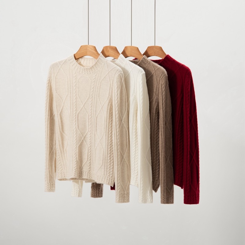 山羊绒衫女圆领麻花纹针织衫加厚通勤慵懒风长袖套头毛衣,女装/女士精品,羊绒衫,淘宝优惠券,粉丝福利购,淘宝优惠卷