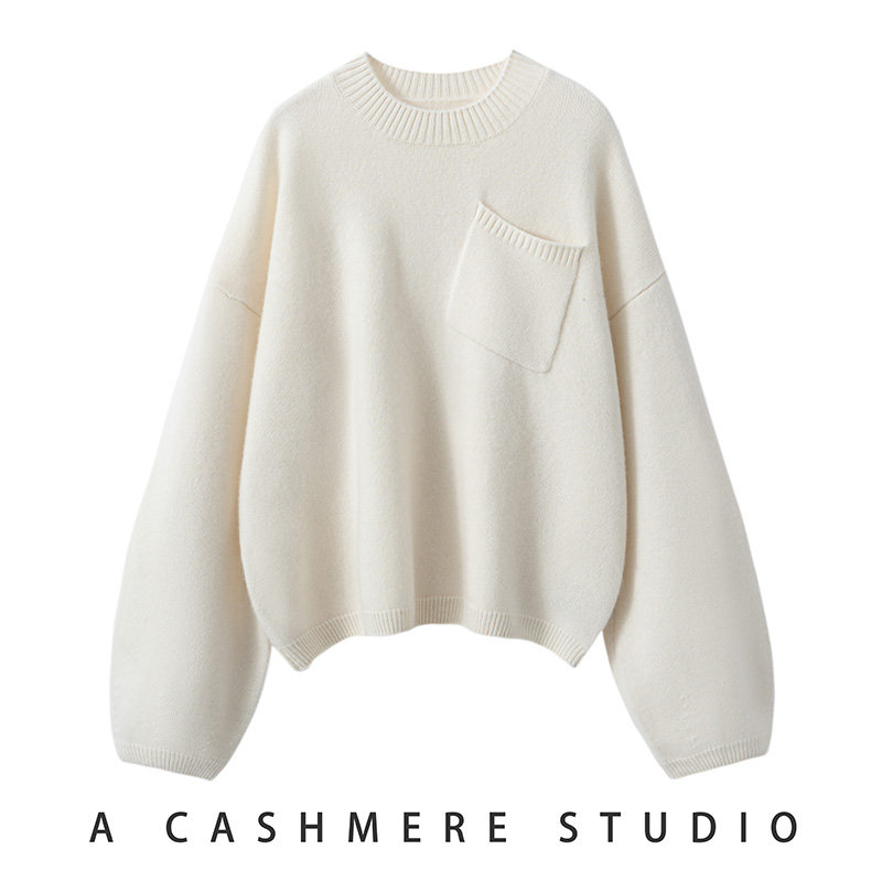 温柔慵懒风圆领斜兜山羊绒衫女宽松套头保暖针织毛衣百搭,女装/女士精品,羊绒衫,淘宝优惠券,粉丝福利购,淘宝优惠卷