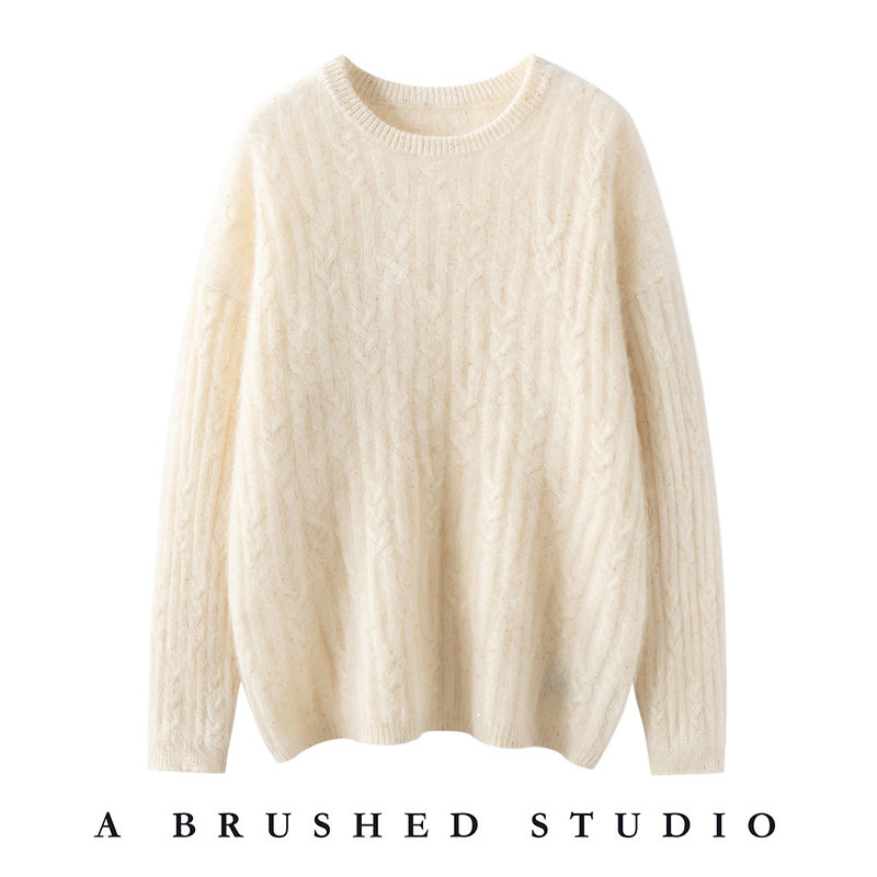 山羊绒衫女拉绒星芒圆领亮片麻花针织衫加厚保暖极简风毛衣,女装/女士精品,羊绒衫,淘宝优惠券,粉丝福利购,淘宝优惠卷