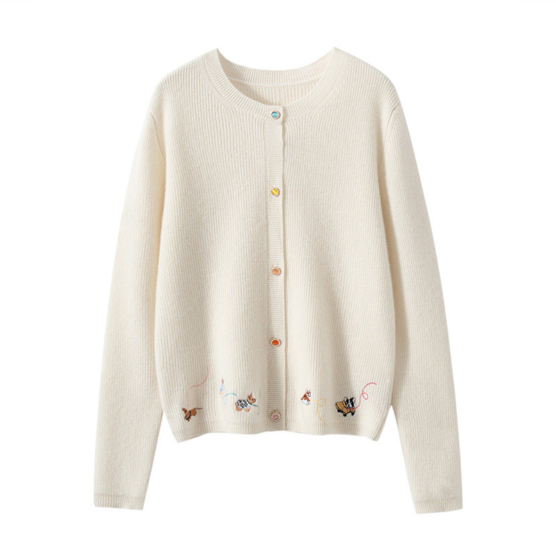 奶油风山羊绒衫女圆领重工刺绣小狗开衫长袖针织外套百搭,女装/女士精品,羊绒衫,淘宝优惠券,粉丝福利购,淘宝优惠卷