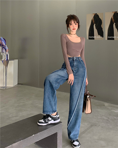 RM22022#高腰阔腿裤女明线拼接拖地长裤港风宽松直筒牛仔裤