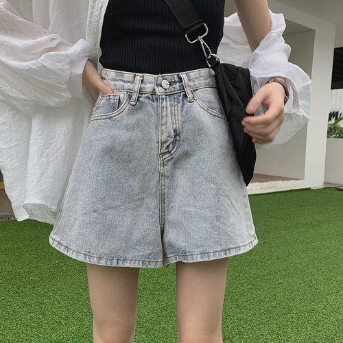 Actual Korean version of high waist washed A-shaped jeans shorts, loose wide-legged pants