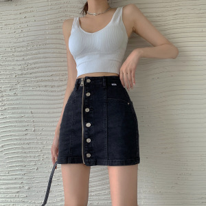 RM17972#韩版单排扣拉链高腰显瘦包臀裙牛仔半身裙短裙女裙