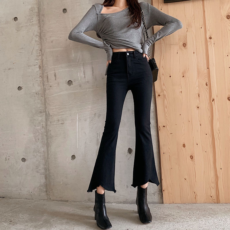 Real photo, real price, fashion, retro, high waisted jeans, Korean version, broken edge, all kinds of matching, thin flared pants