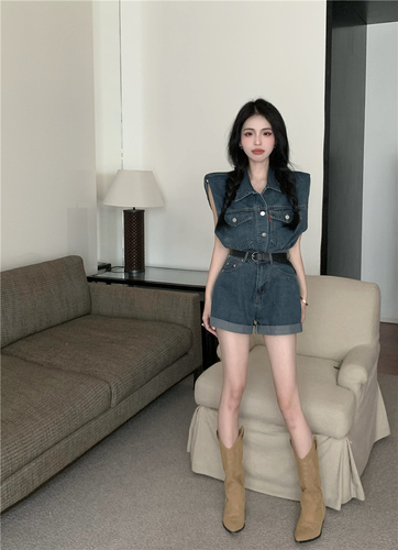 Actual shot of spring and summer fashion new style lapel sleeveless vest versatile denim shorts two-piece suit for women