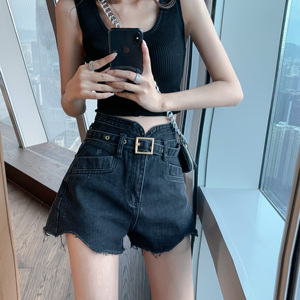 RM6471#韩版超火高腰毛边阔腿裤复古包臀牛仔短裤热裤潮
