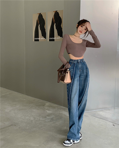 RM22022#高腰阔腿裤女明线拼接拖地长裤港风宽松直筒牛仔裤