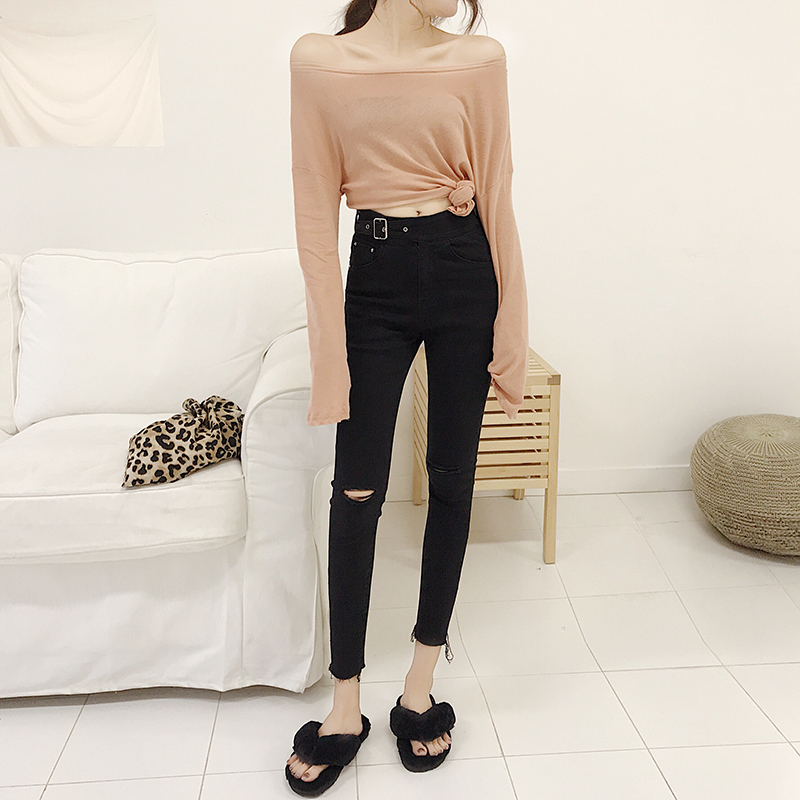 Real price! Skinny elastic high waist black hole pants with thin edge