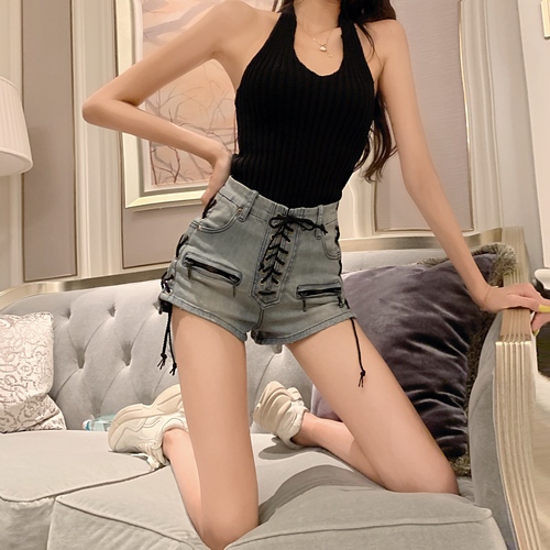 Real Price-Hong Kong flavor ins fashion design sense to make old heavy industry strap-on Jeans Shorts