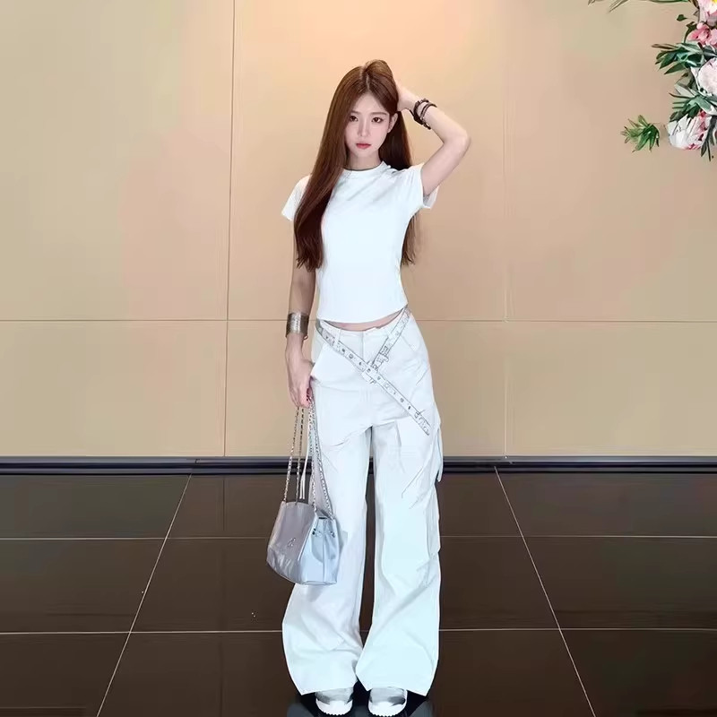 正肩短袖t恤女夏修身2026新款白色掐腰显瘦打底衫内搭可外穿洋气
