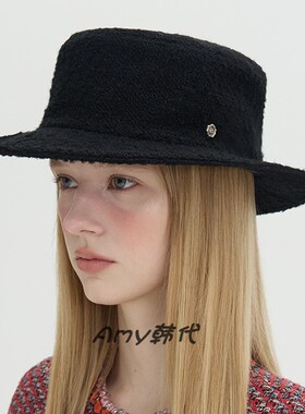 Amy韩国代购25冬Brown hat Gabrielle Flat Top Hat羊毛平顶礼帽