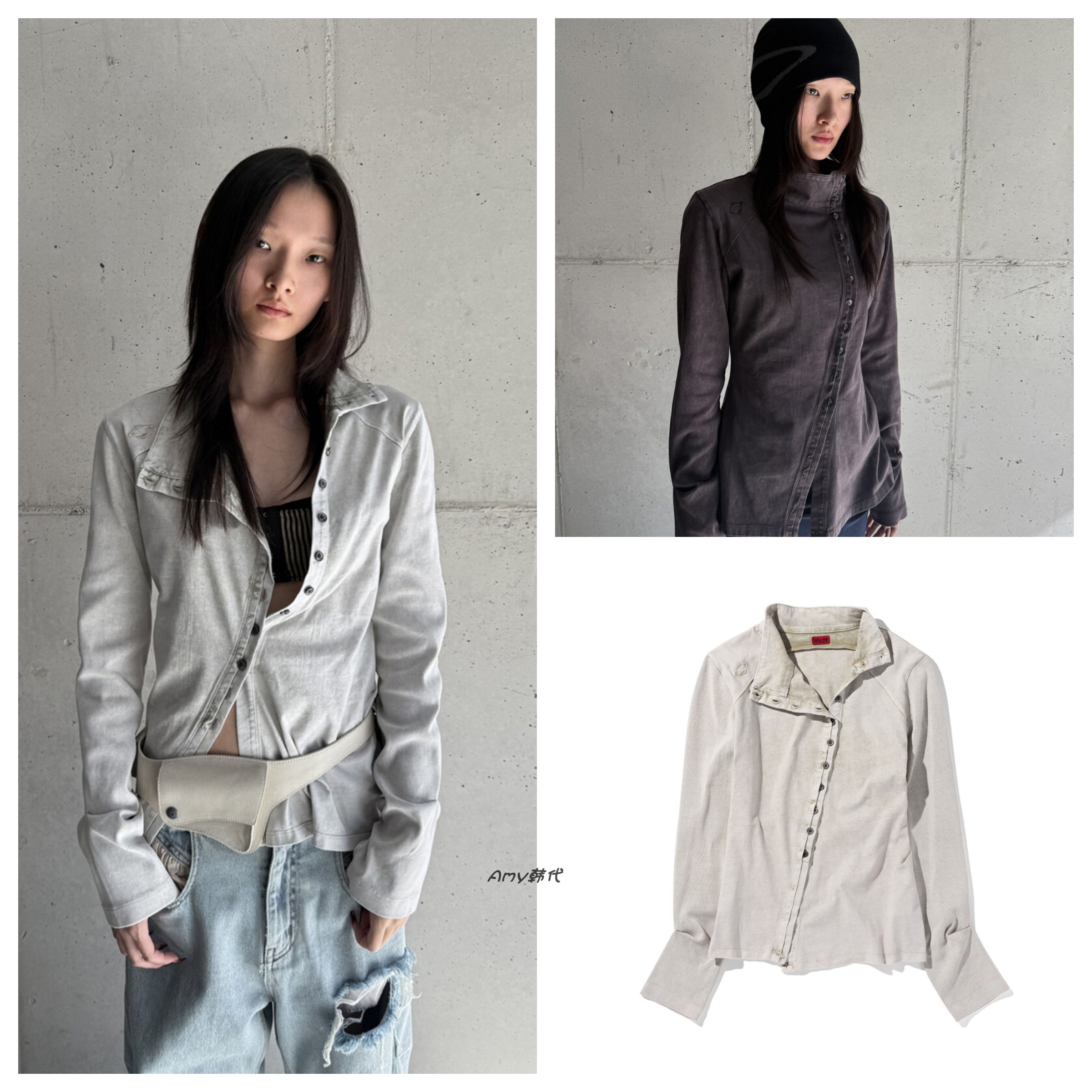 25秋冬Amy韩国代购 mschf WASHED JERSEY SHIRT斜领纽扣纯棉衬衫