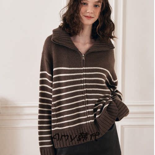 Amy韩国代购Lotsyou 25秋Hazel Knit Zip-Up条纹拉链毛衣针织开衫