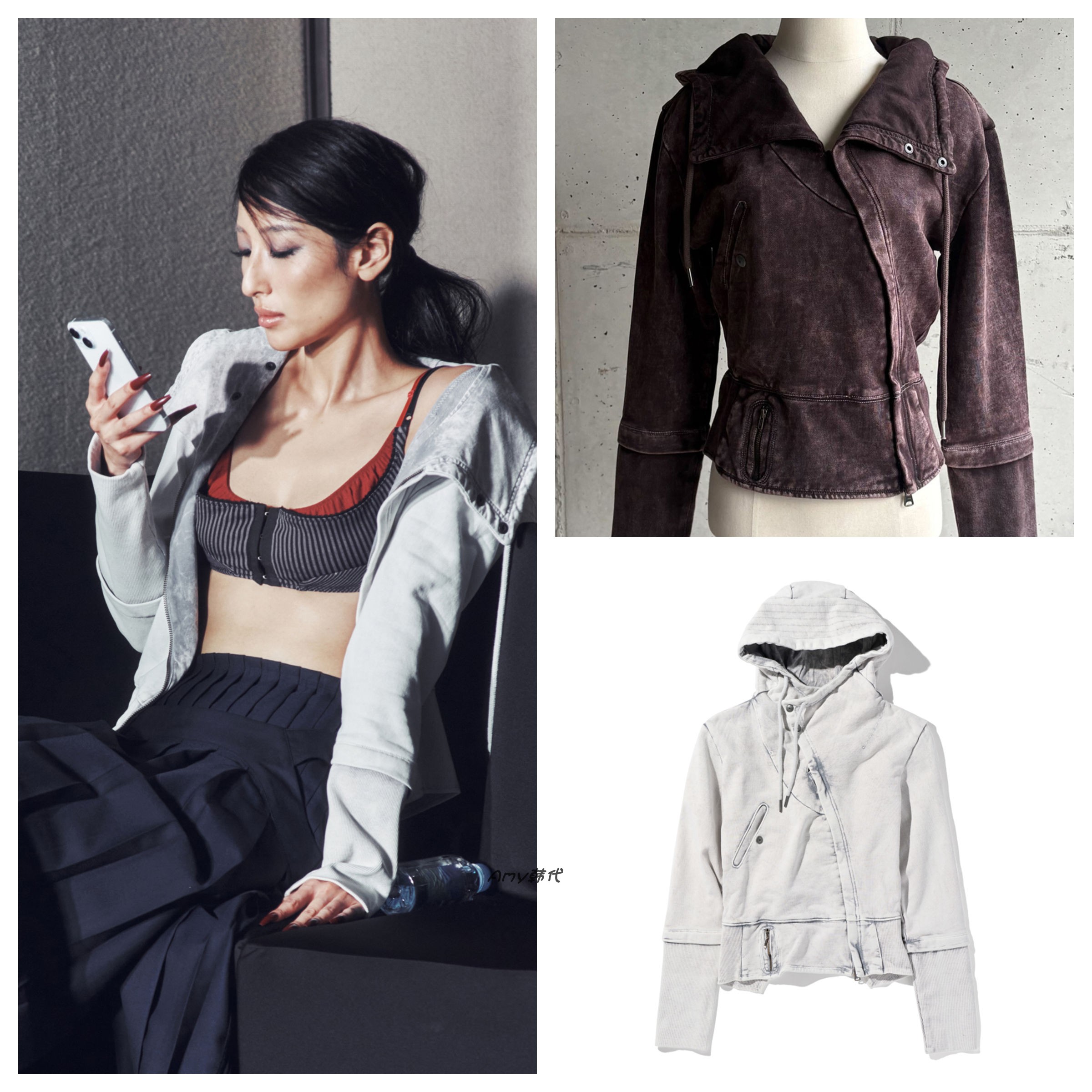 25秋冬Amy韩国代购mschf ASYMMETRIC HOODIE复古水洗连帽拉链外套