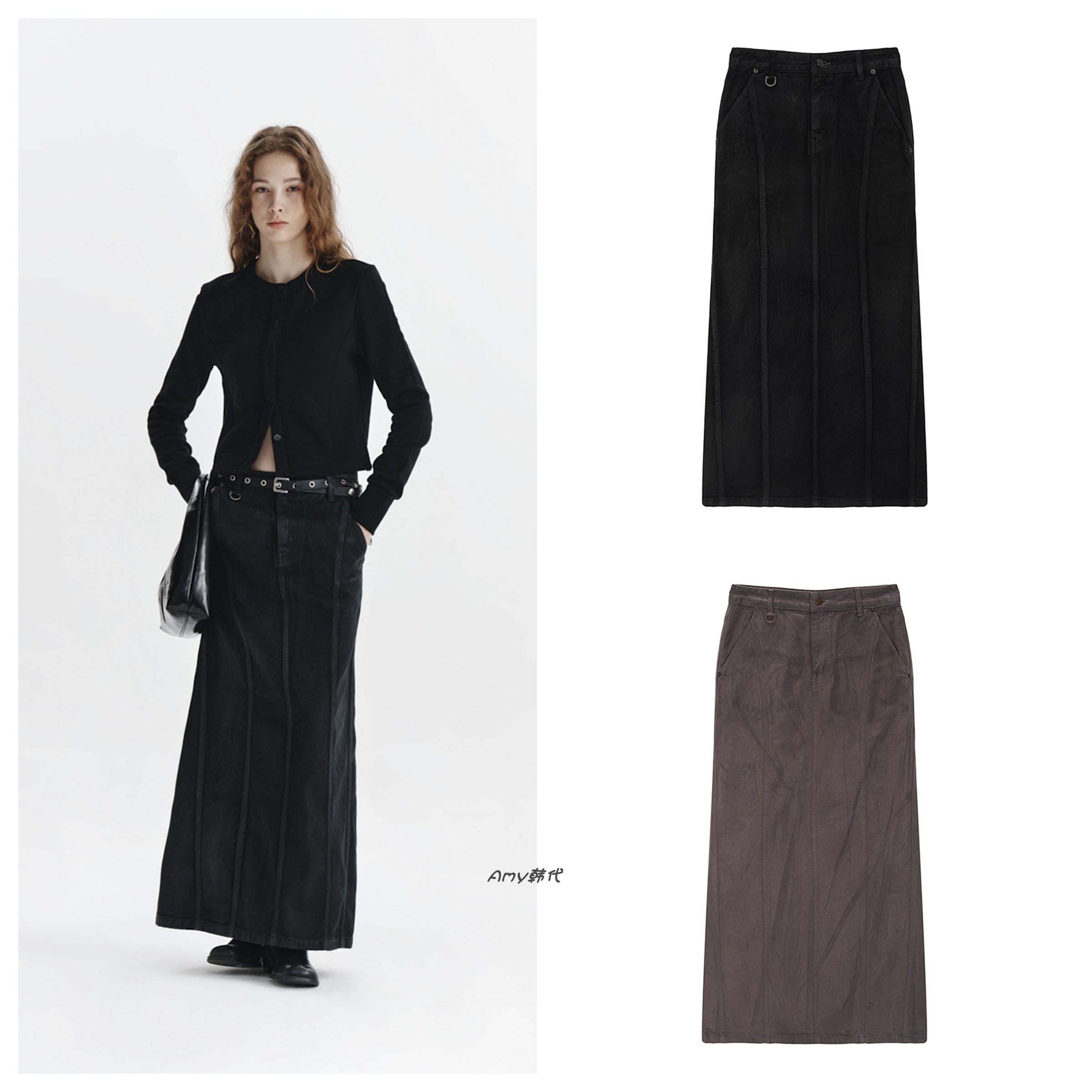 4折 Amy韩国代购Matin Kim 牛仔半身长裙WAX COATING DENIM SKIRT