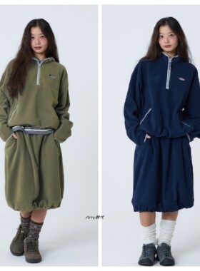 折扣Amy韩国直邮25秋冬aeae 休闲羊羔绒半拉链上衣 抓绒半身裙3色