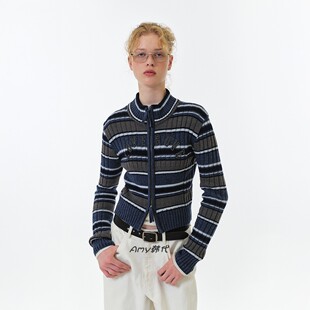 LENI STRIPE ZIP Amy韩国代购 条纹拉链毛衣开衫 25新款 短款 GROVE