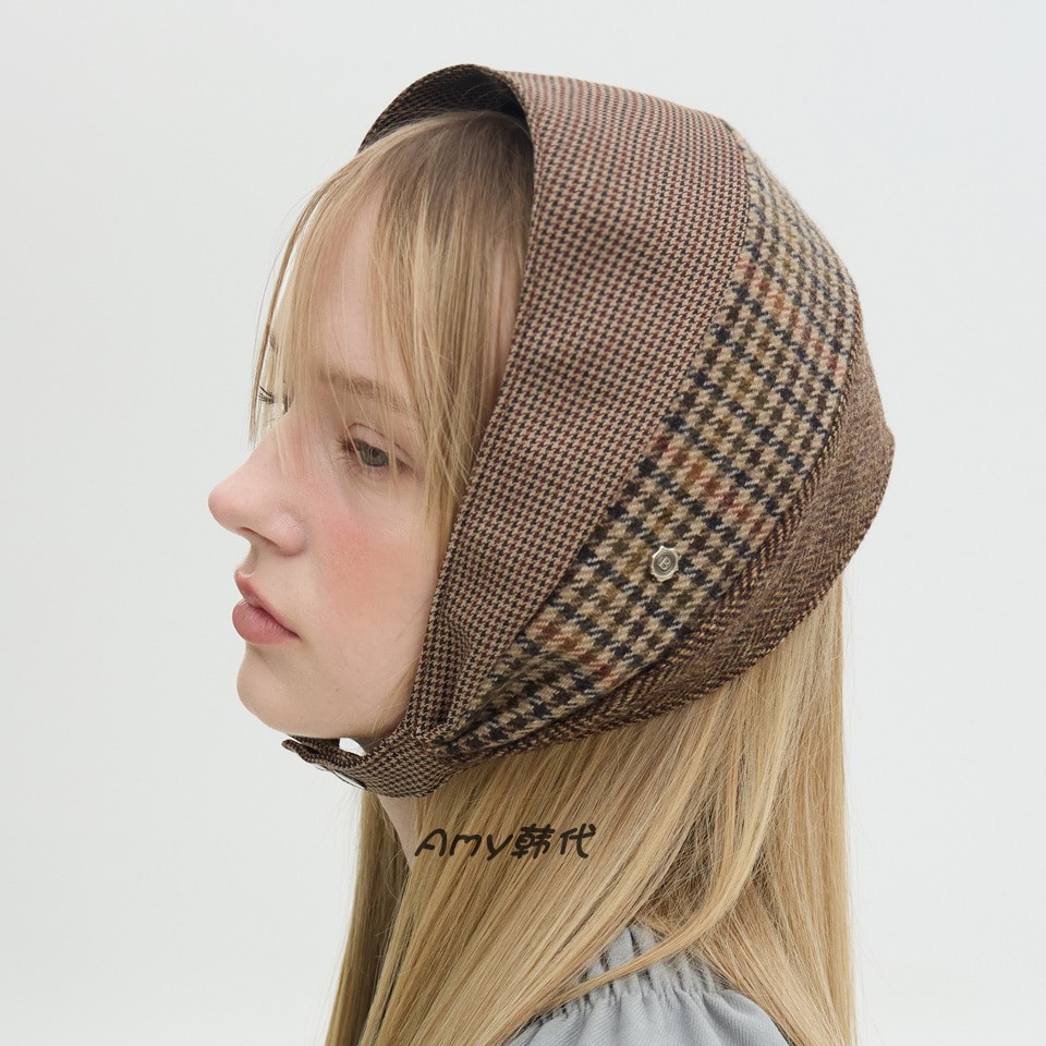 Amy韩国官网代购25秋冬Brown hat Jane Strap Muff千鸟格拼接头巾