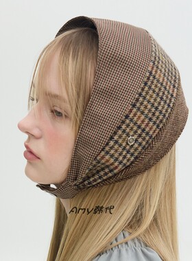 Amy韩国官网代购25秋冬Brown hat Jane Strap Muff千鸟格拼接头巾
