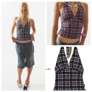 特价 韩国代购SCULPTOR 26夏Tartan Check Halter 格子挂脖吊带衫
