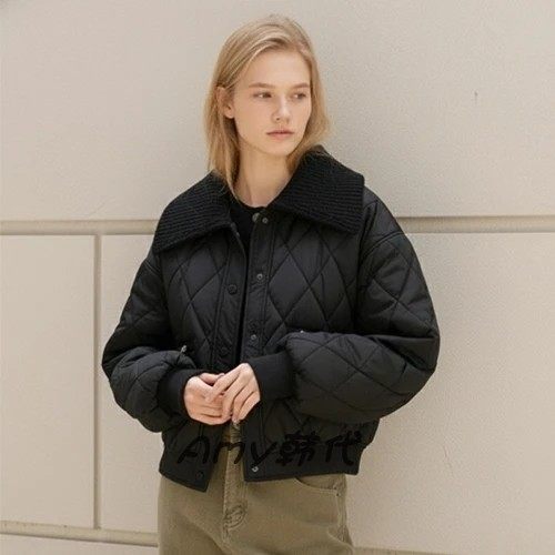 特价~Amy韩国代购 LECCOVE 菱形格休闲翻领棉衣外套LC61E1PD502X