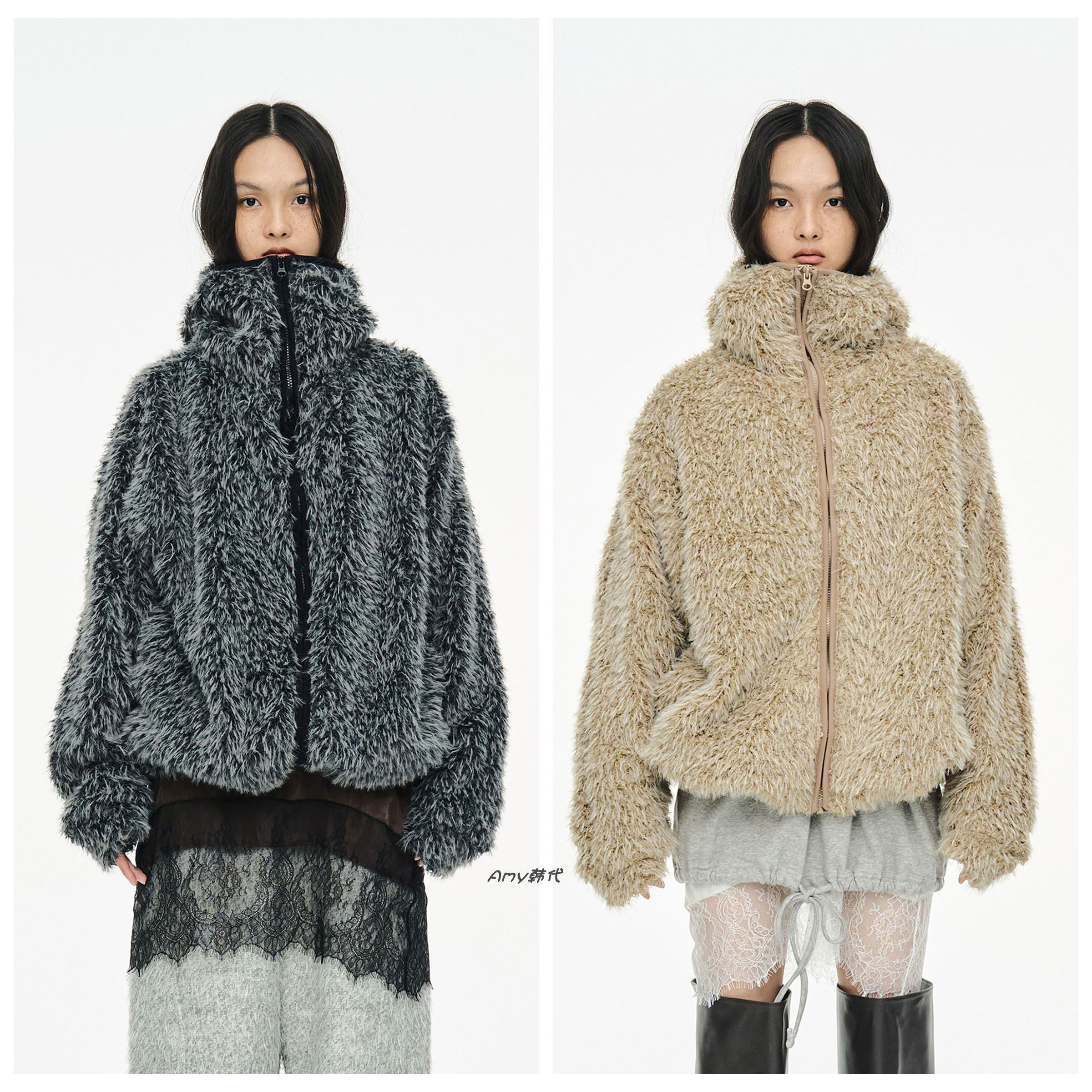 Amy韩国设计师品牌cerric25冬宽松休闲毛绒绒的可爱拉链连帽外套