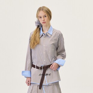 Amy韩国代购GROVE 26春SENA LAYERED SHIRT 休闲条纹层叠衬衫2色