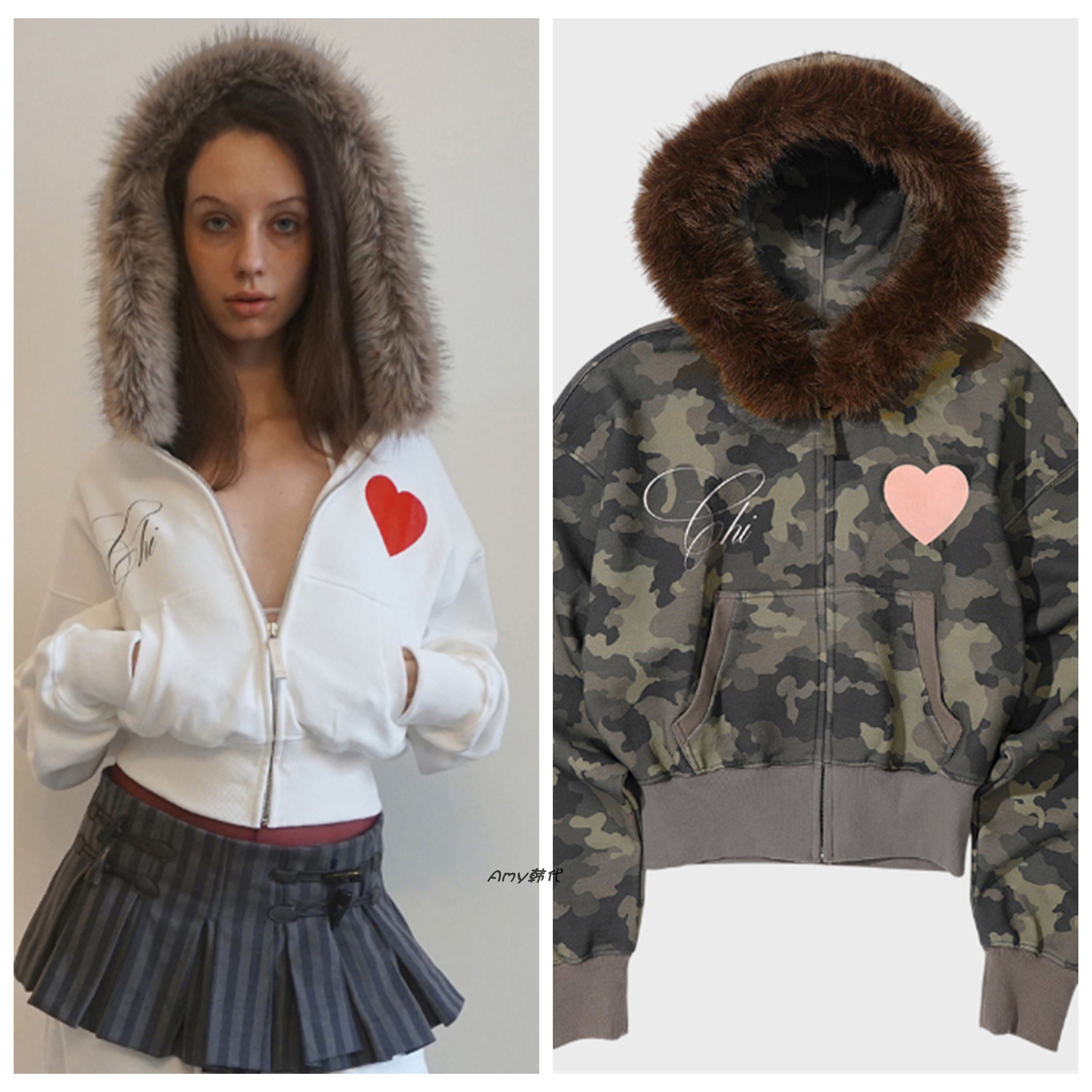 限时折韩国直邮SCULPTOR Faux Fur Trimming毛领连帽拉链短款外套