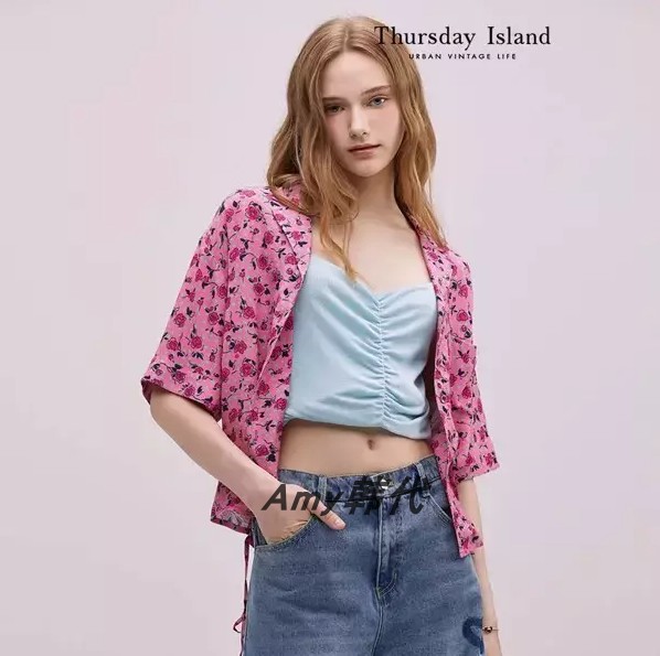 粉色现货Amy韩国代购[Thursday Island]翻领花卉衬衫T244MBL247W