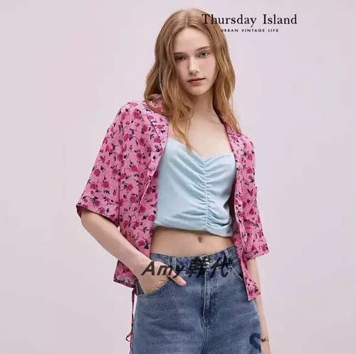 粉色现货Amy韩国代购[Thursday Island]翻领花卉衬衫T244MBL247W