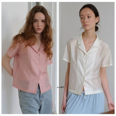 折扣 SIENNE韩国代购26夏款Lopez Blouse 翻领天丝短袖衬衫2色