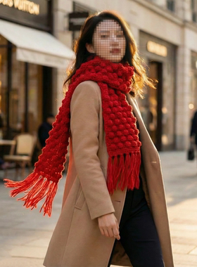 大红色草莓泡泡围巾成品纯手工编织送男女朋友围巾圣诞新年礼物冬